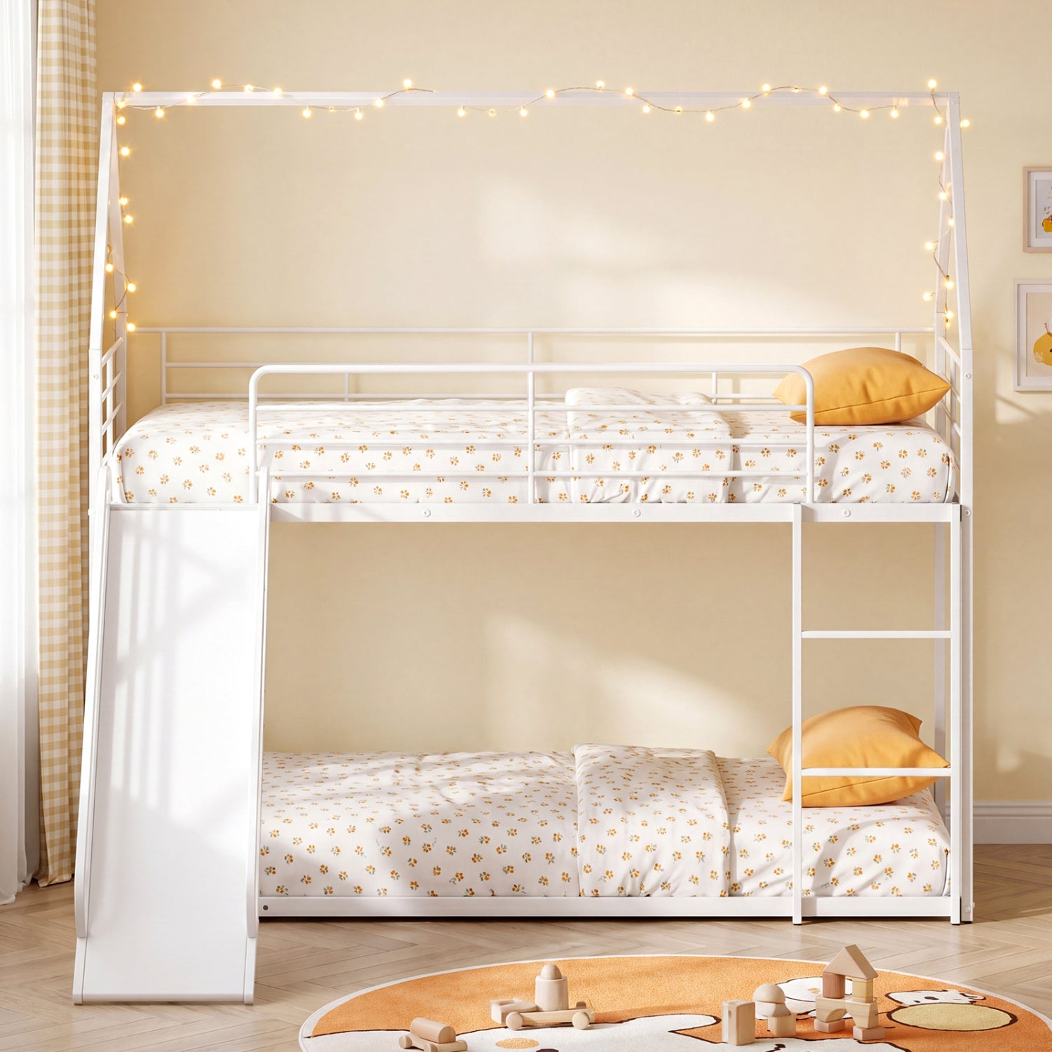 House-shaped Metal Twin Over Twin Low Bunk Bed-White