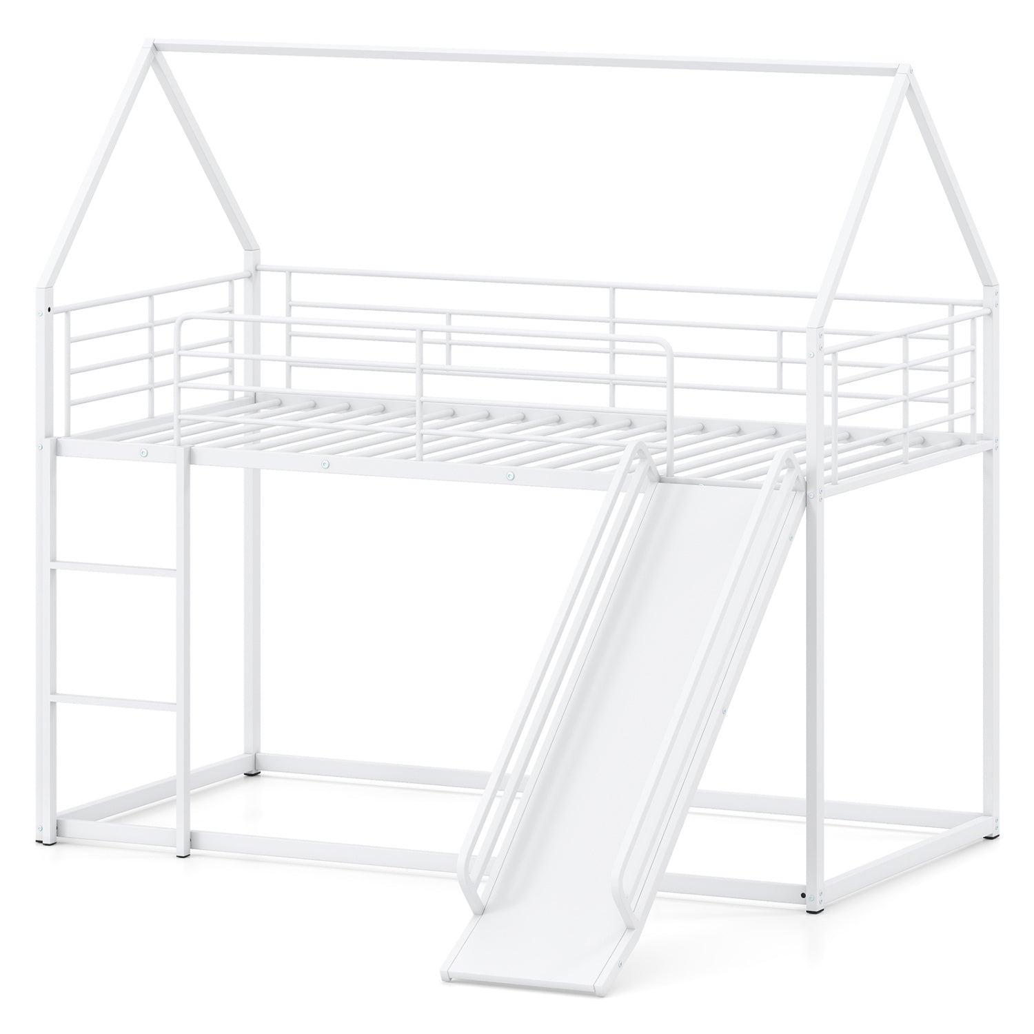 House-shaped Metal Twin Over Twin Low Bunk Bed-White
