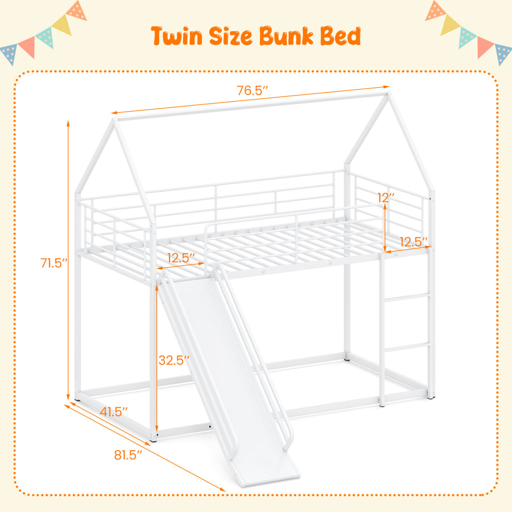 House-shaped Metal Twin Over Twin Low Bunk Bed-White