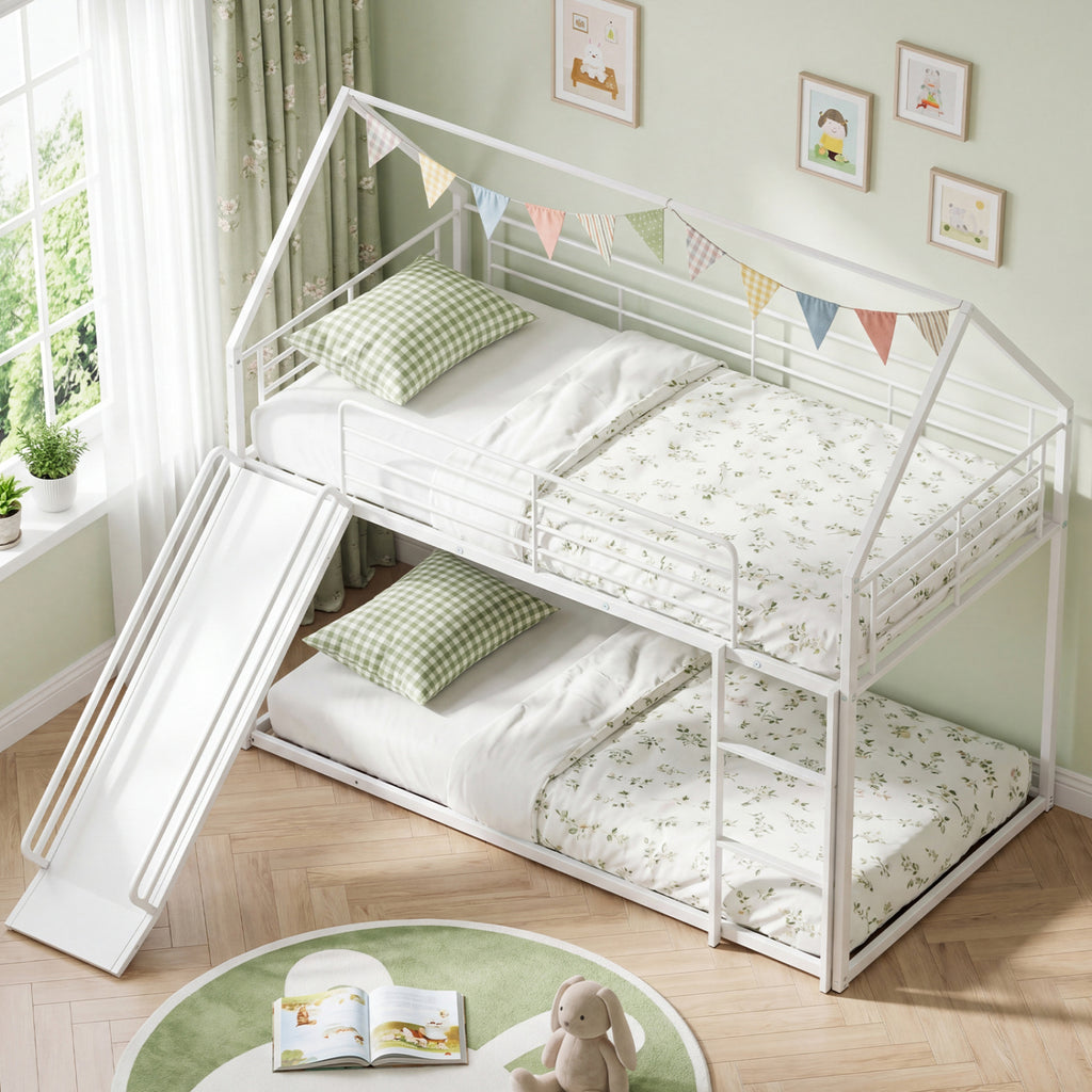 House-shaped Metal Twin Over Twin Low Bunk Bed-White