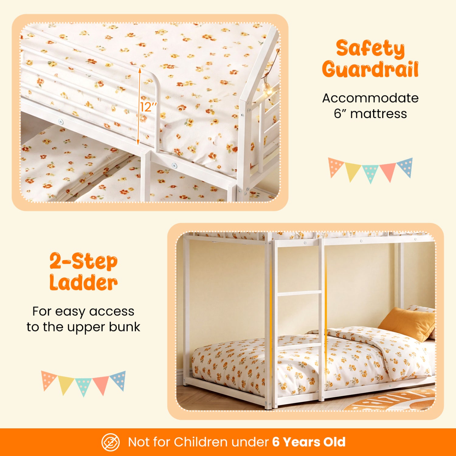 House-shaped Metal Twin Over Twin Low Bunk Bed-White