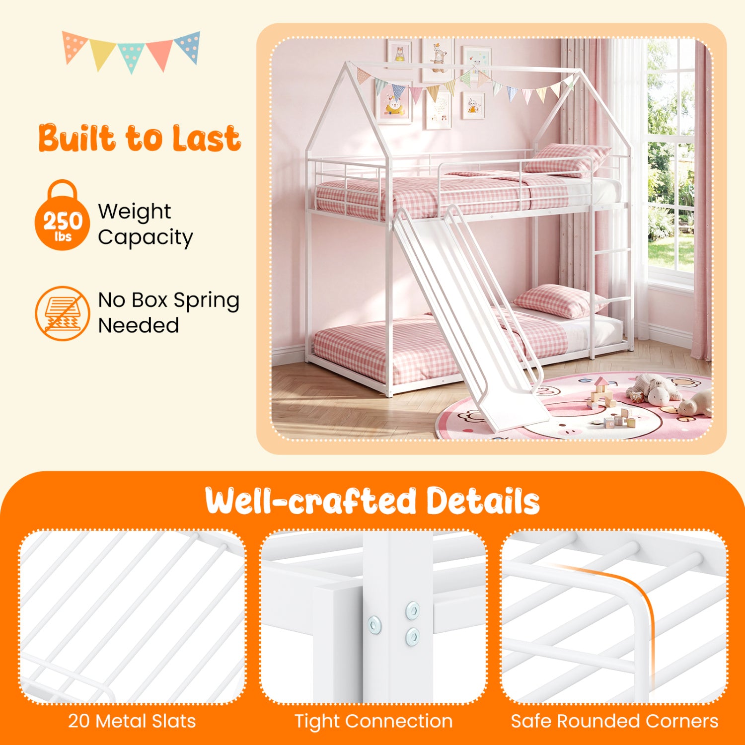 House-shaped Metal Twin Over Twin Low Bunk Bed-White