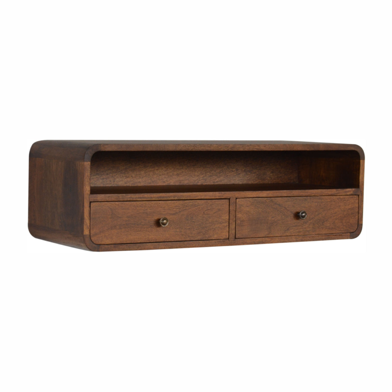 Wall-mounted chestnut console table with two drawers, large open shelf, and curved edges on solid mango wood.
