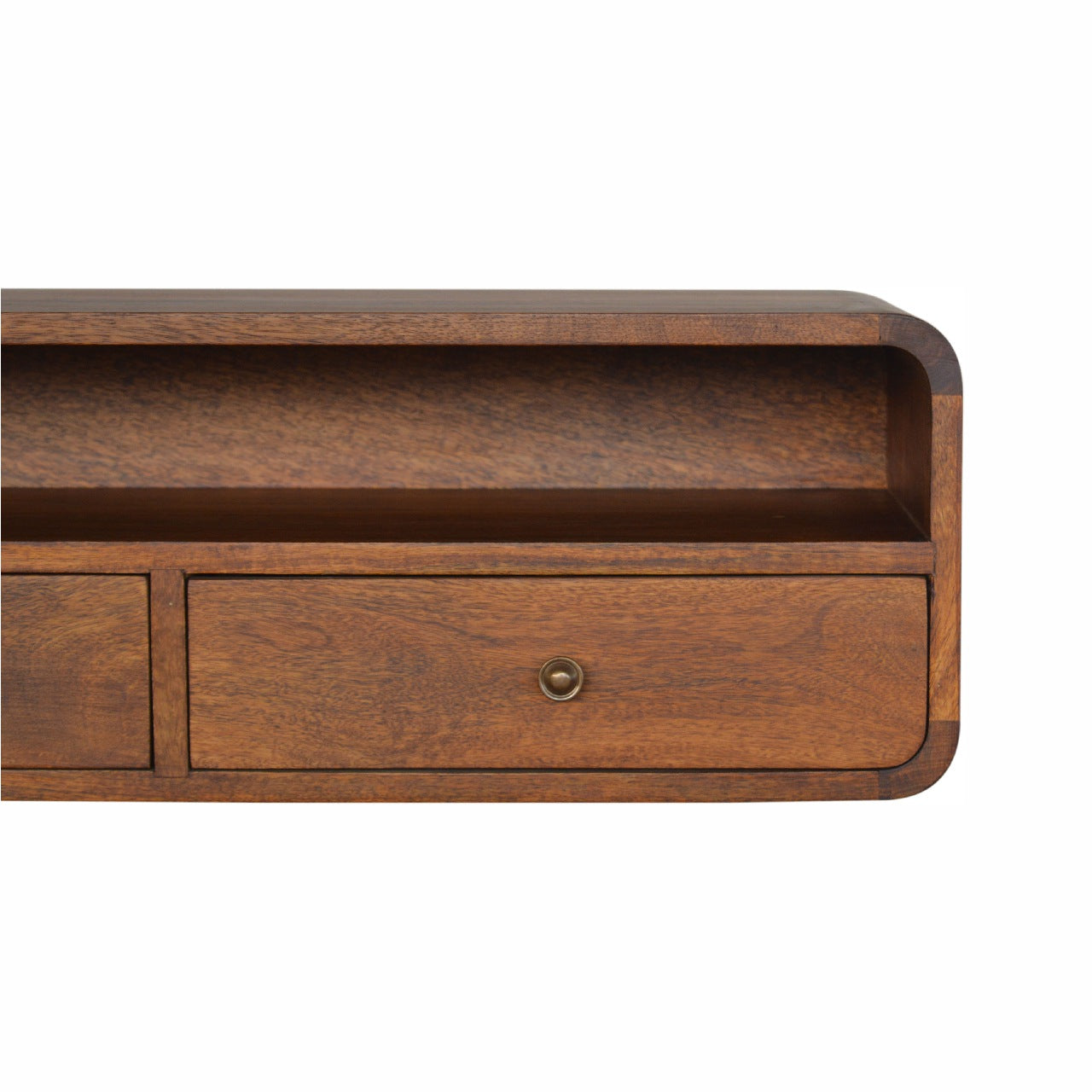 Wall-mounted chestnut console table with two drawers, large open shelf, and curved edges on solid mango wood. coner view