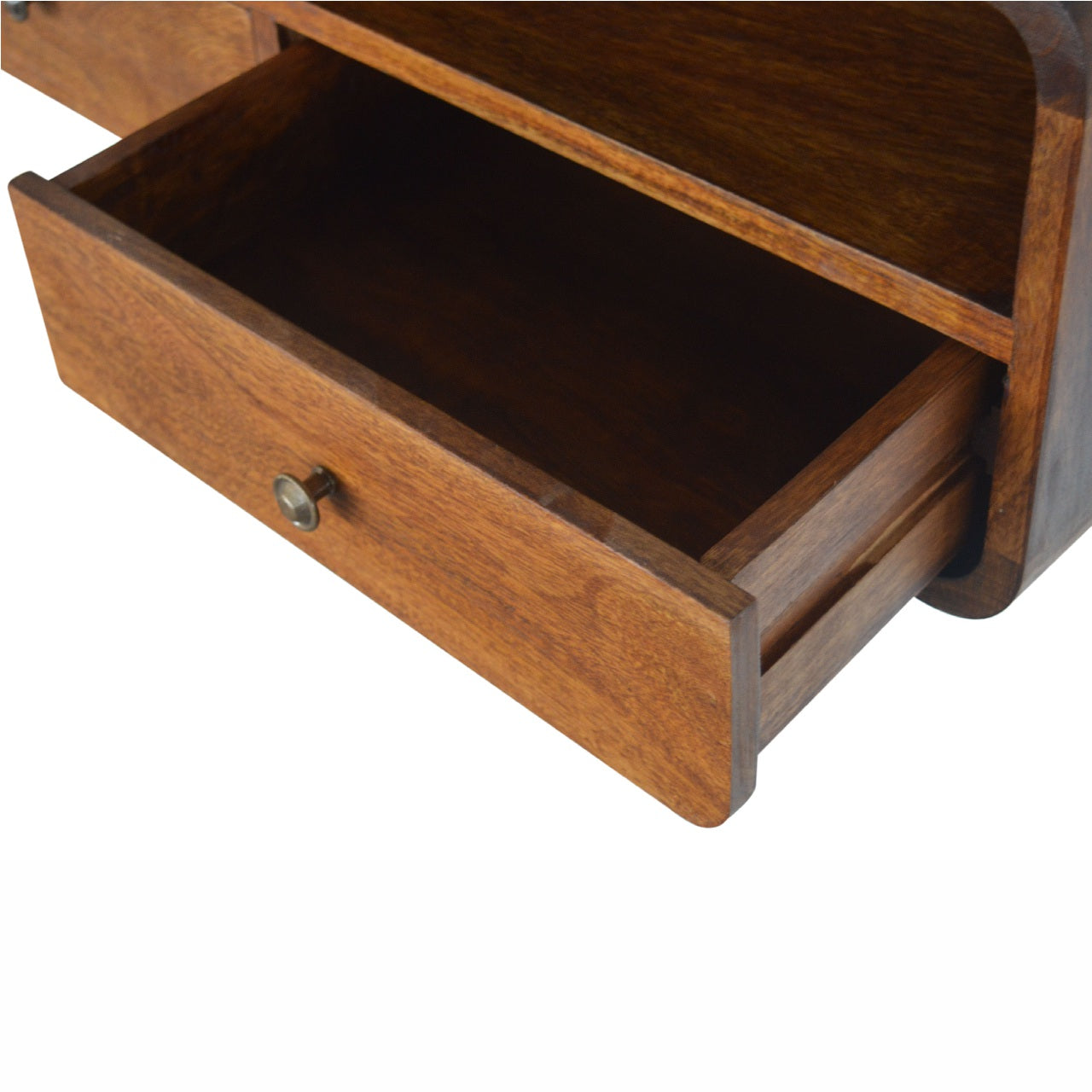 Wall-mounted chestnut console table with two drawers, large open shelf, and curved edges on solid mango wood. open drawer