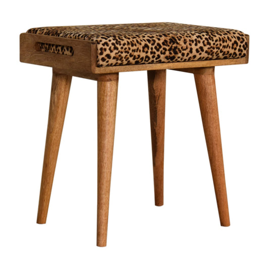 Leopard Velvet Tray Style Footstool with upholstered animal print top and solid mango wood legs