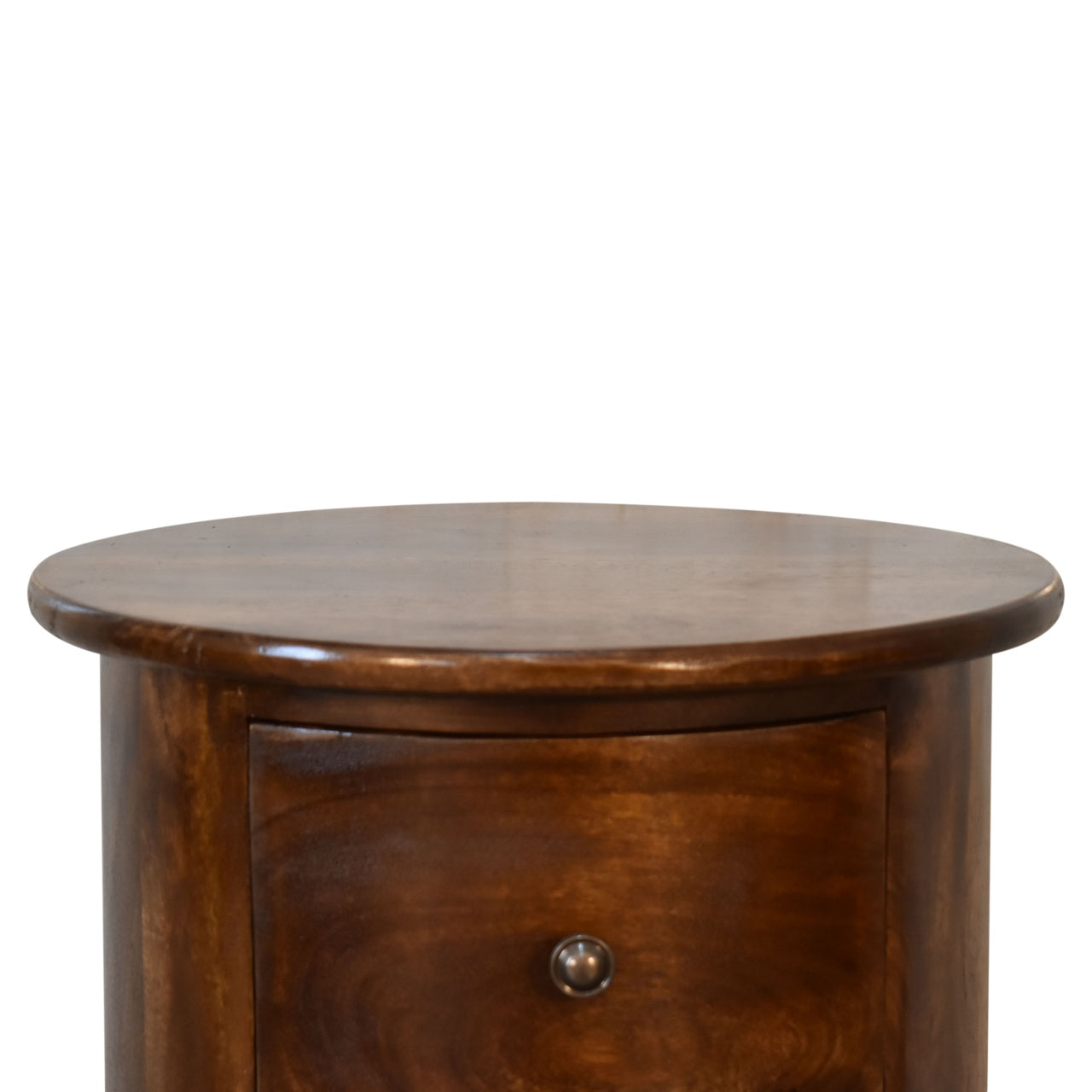 Round 3 Drawer Chestnut Drum Chest made from solid mango wood with shiny knobs on drawers. Round edge and knob view