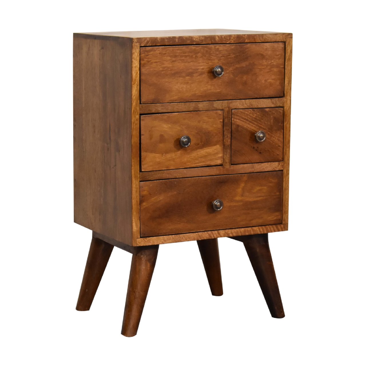 4 Drawer Chestnut Nightstand made from solid mango wood with smooth finish, four drawers, and Nordic-style legs. full view