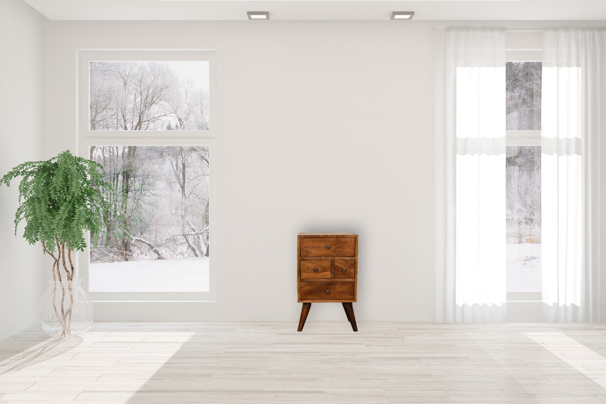 4 Drawer Chestnut Nightstand made from solid mango wood with smooth finish, four drawers, and Nordic-style legs. Full detailed view in a room