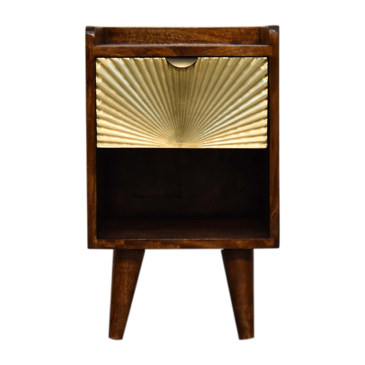 Mini Manila Gold Chestnut Nightstand with brass plated drawer, open storage slot, and Nordic style legs.