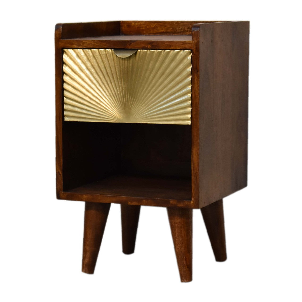 Mini Manila Gold Chestnut Nightstand with brass-plated drawer, open storage slot, and Nordic style legs. Corner view