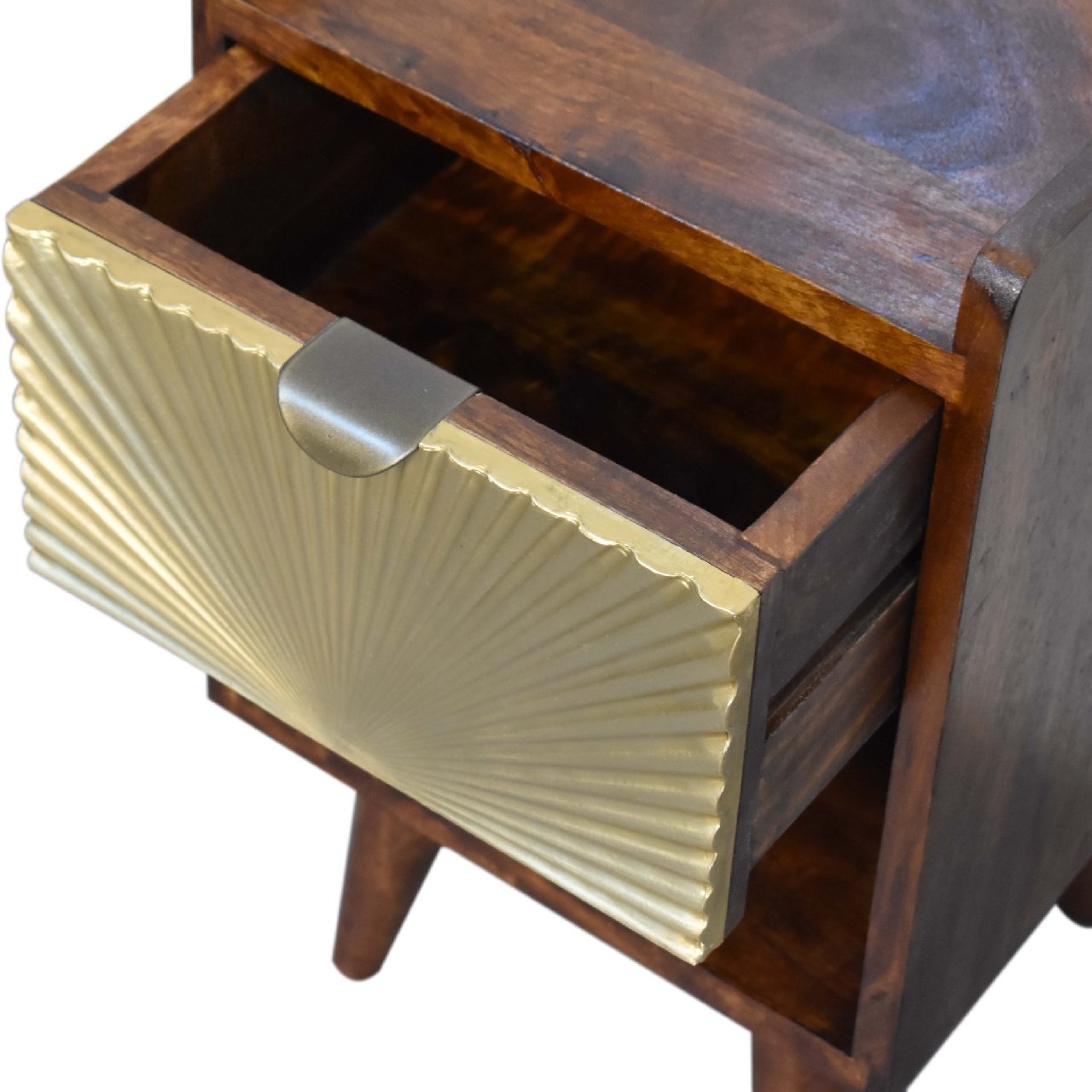 Mini Manila Gold Chestnut Nightstand with brass plated drawer, open storage slot, and Nordic style legs. Opened drawer view