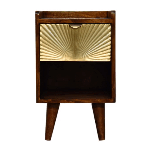 Mini Manila Gold Chestnut Nightstand with brass plated drawer, open storage slot, and Nordic style legs. GIF