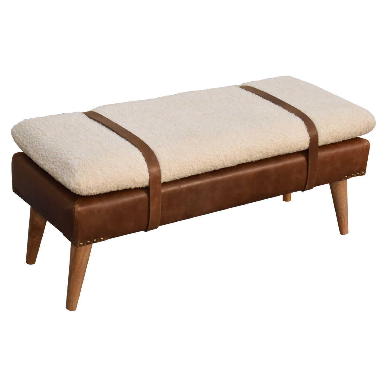 Modern boucle bench with white cushion and buffalo hide leather base – rustic accent seating for living room or entryway.