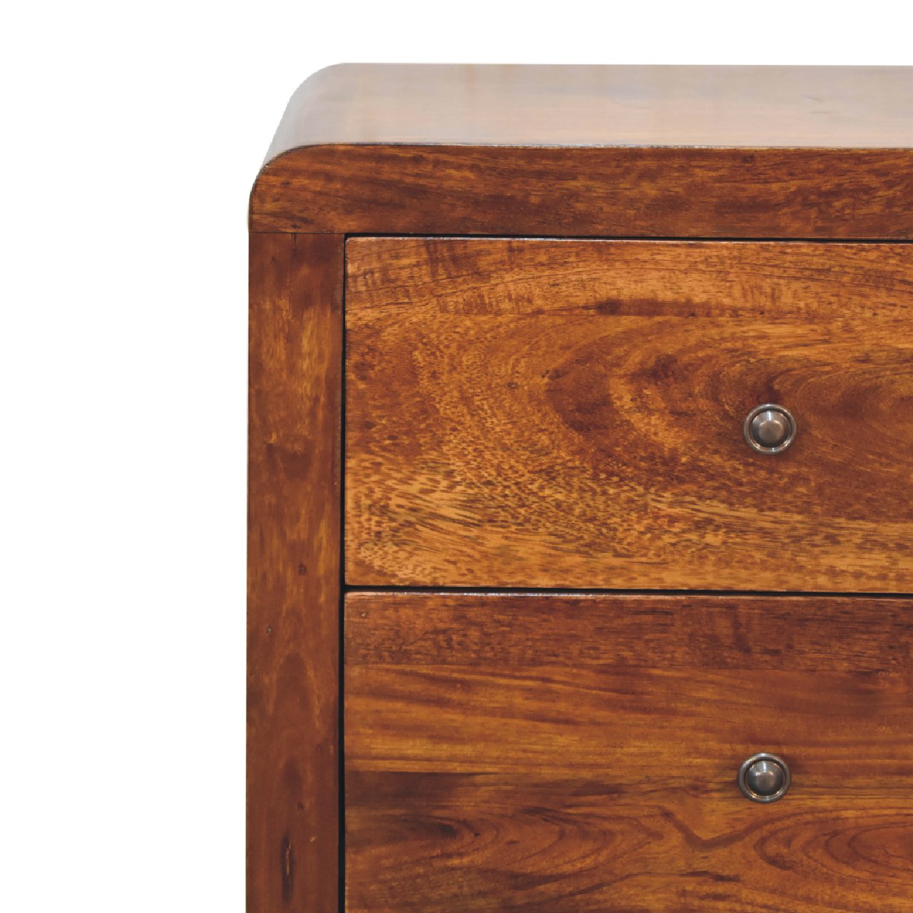 Naya Chestnut Nightstand made from solid mango wood with three drawers and brass knobs. Drawers and knob full view