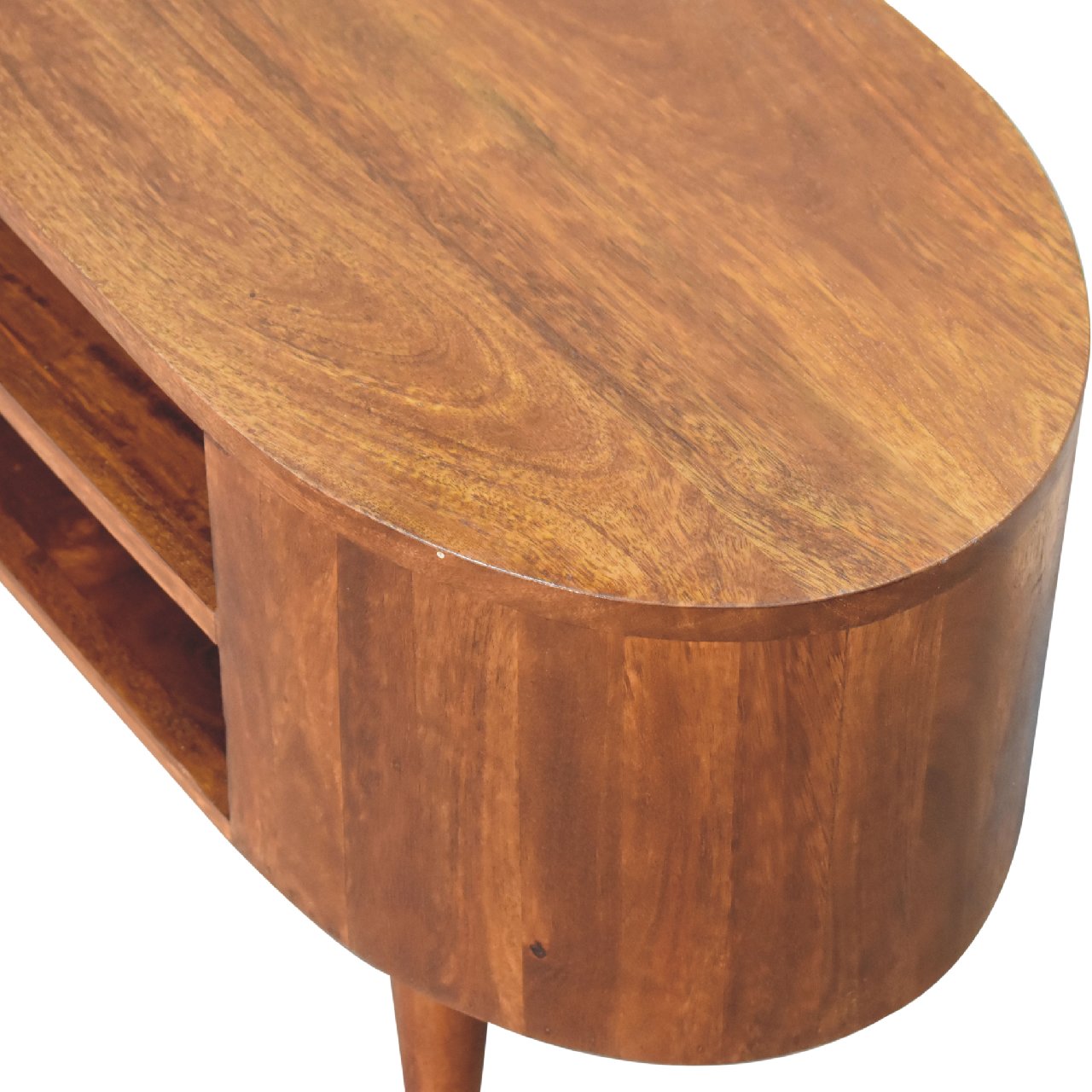 Cortez Chestnut Media Unit made from solid mango wood with two open shelves and chestnut finish. top wood view