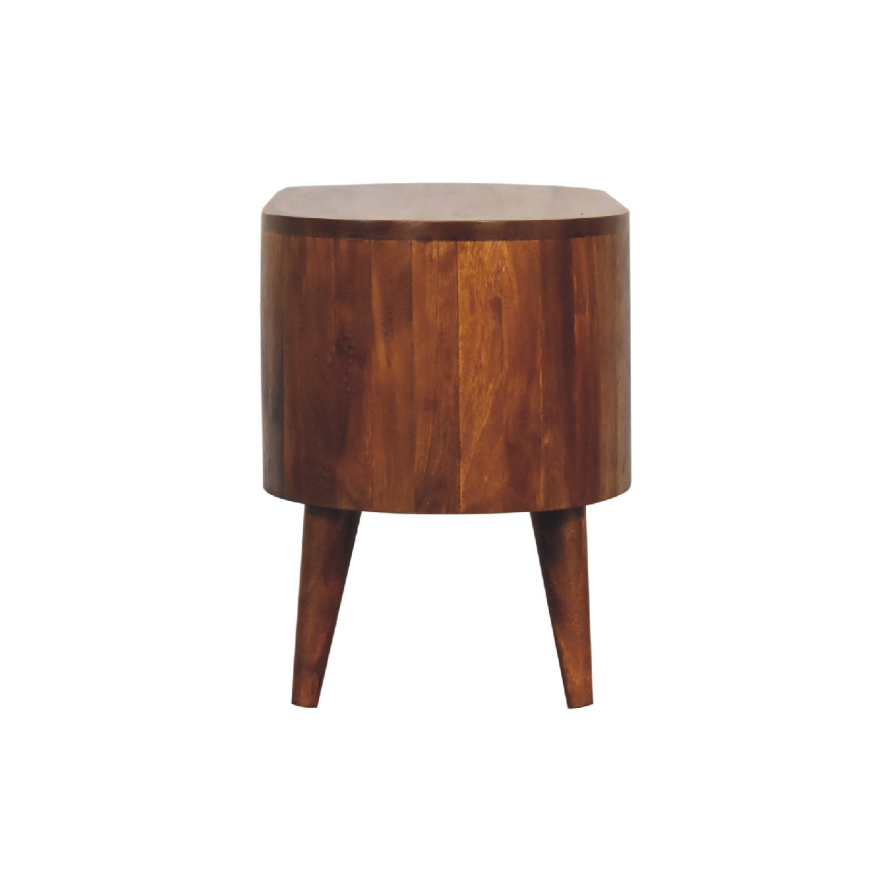 Cortez Chestnut Media Unit made from solid mango wood with two open shelves and chestnut finish. Side view