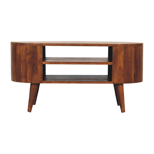 Cortez Chestnut Media Unit made from solid mango wood with two open shelves and chestnut finish. 360 degree GIF
