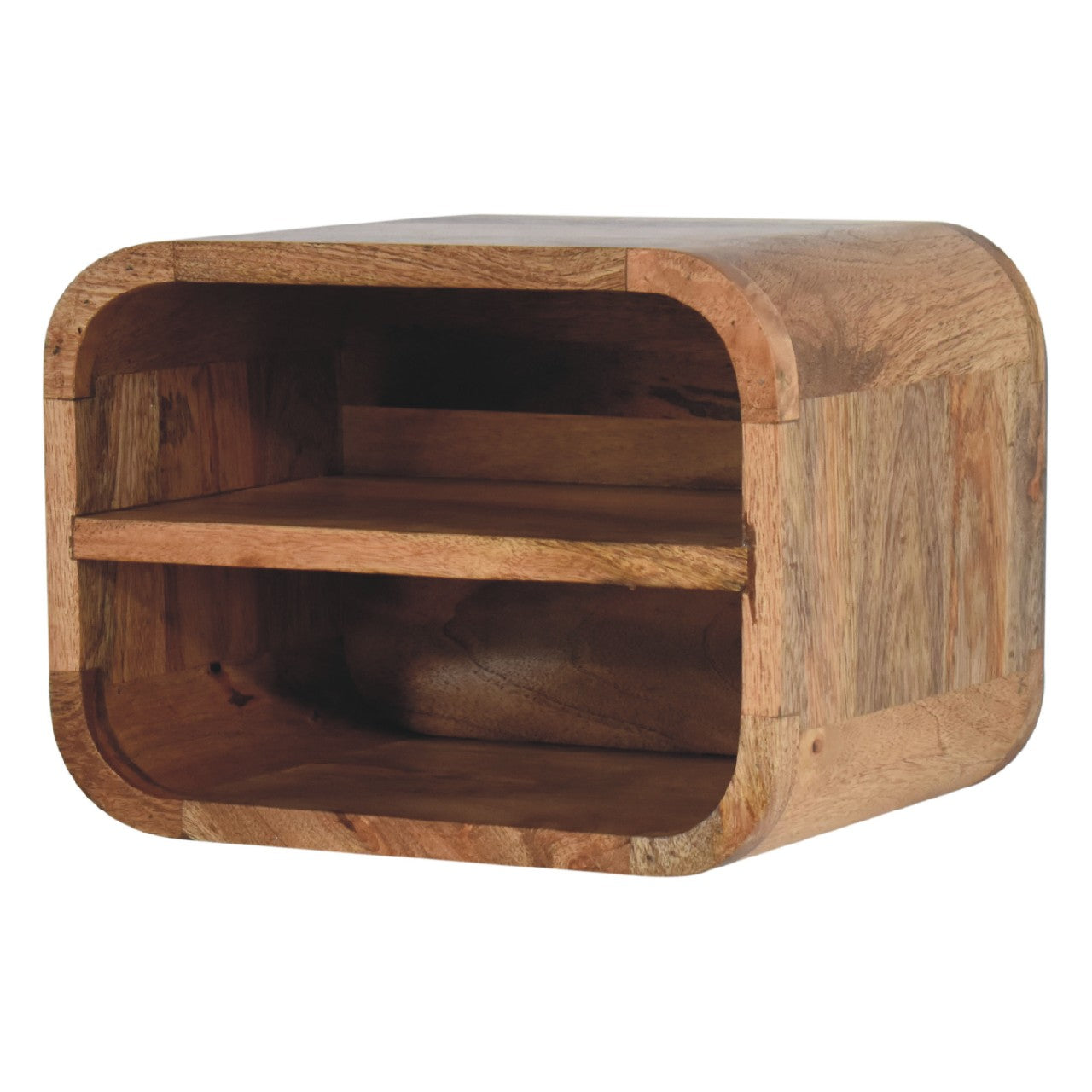 Oak-ish floating open curve nightstand with 2 open shelves. Wall-mounted  and solid mango wood. Side view