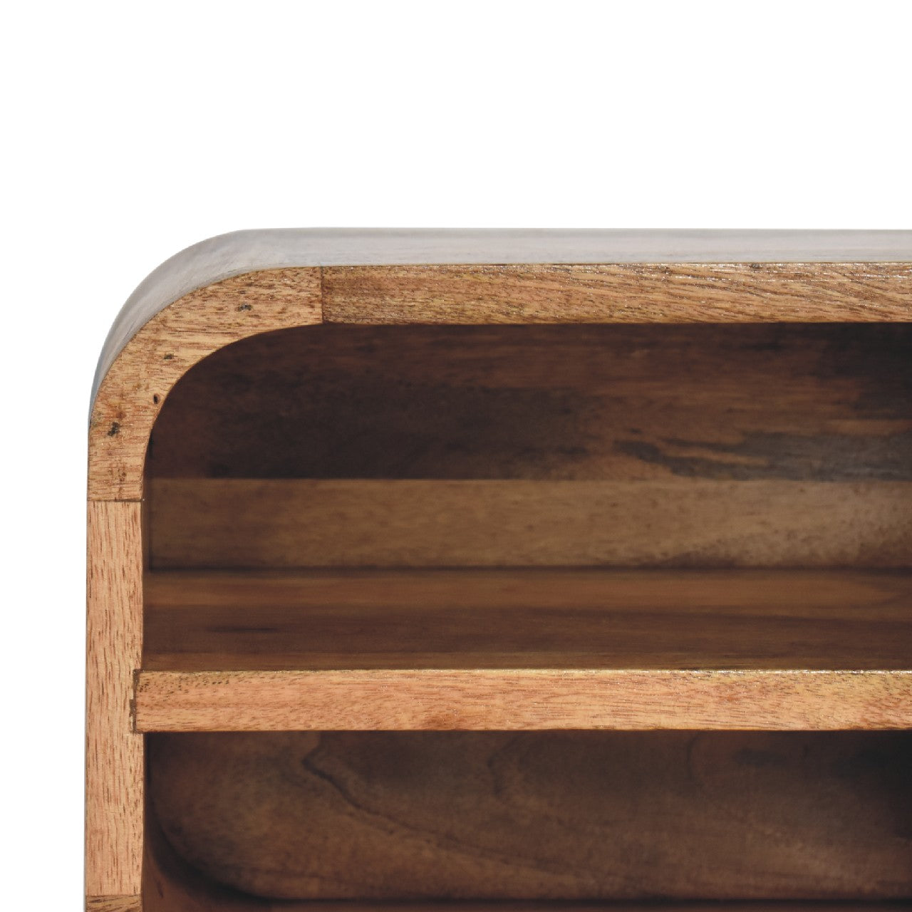 Oak-ish floating open curve nightstand with 2 open shelves. Wall-mounted  and solid mango wood. Shelve view