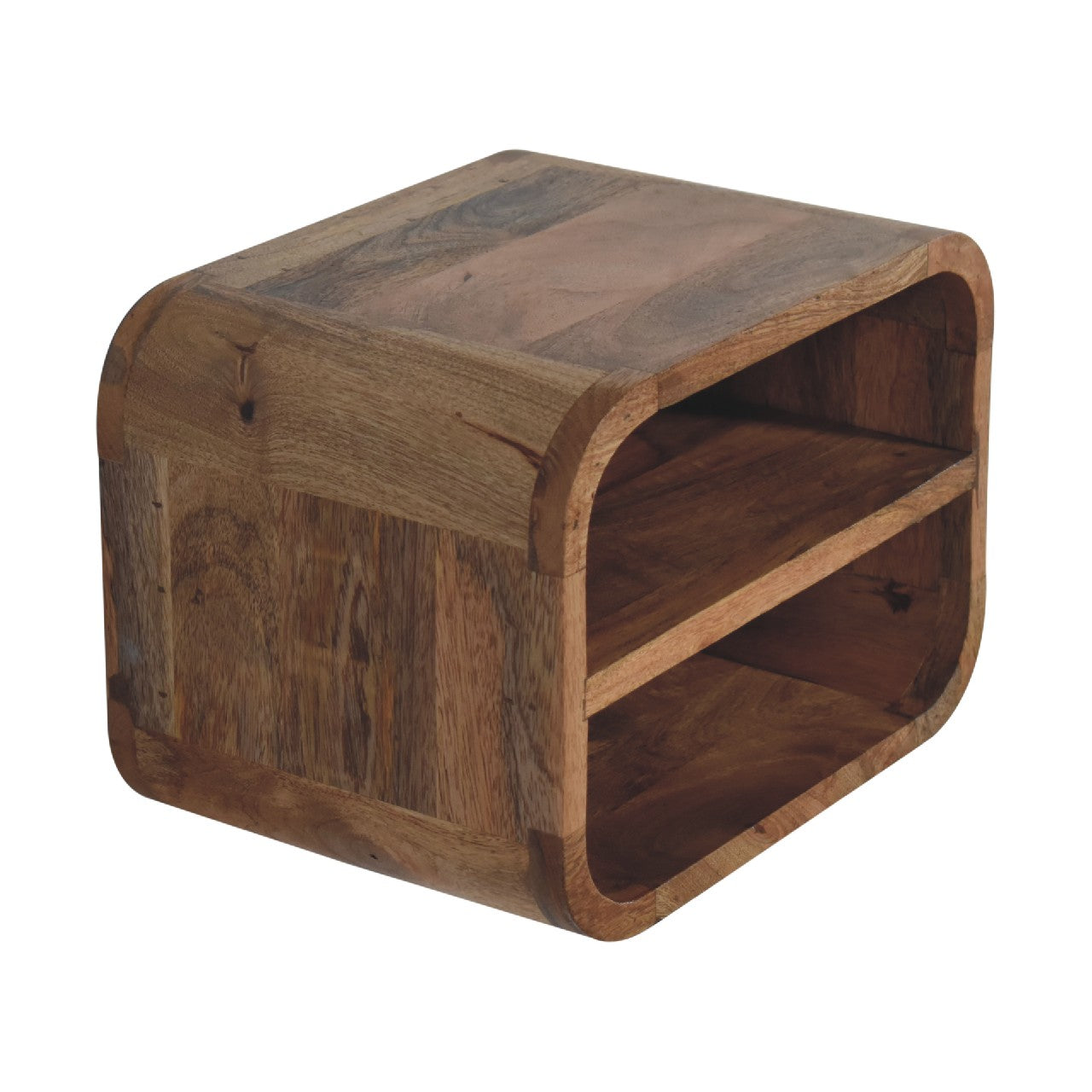 Oak-ish floating open curve nightstand with 2 open shelves. Wall-mounted  and solid mango wood. Detailed full view