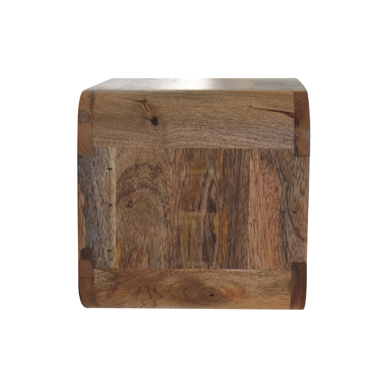 Oak-ish floating open curve nightstand with 2 open shelves. Wall-mounted  and solid mango wood. Side view.