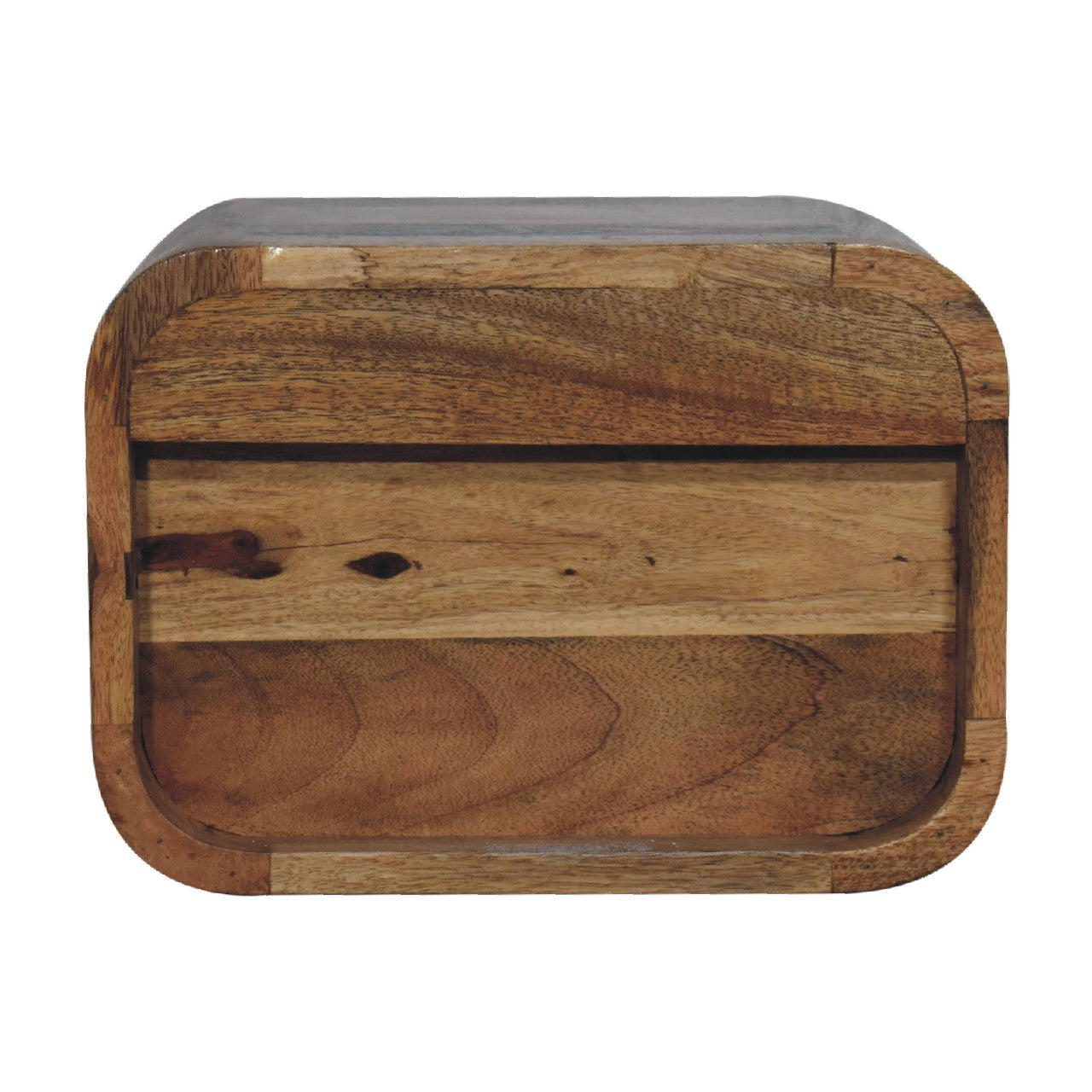 Oak-ish floating open curve nightstand with 2 open shelves. Wall-mounted  and solid mango wood. Bottom view