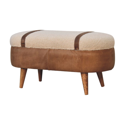 Tan Boucle and Buffalo Leather Bench with cotton boucle seat, leather straps, and oak finish legs
