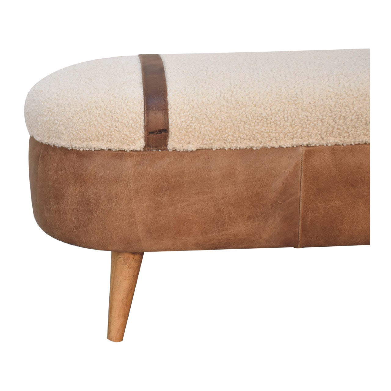 Tan Boucle and Buffalo Leather Bench with cotton boucle seat, leather straps, and oak finish legs. Half corner view 