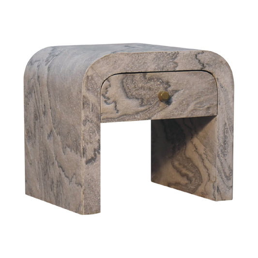 Nouveau nightstand with marble effect veneer, solid mango wood frame, and brass round knob