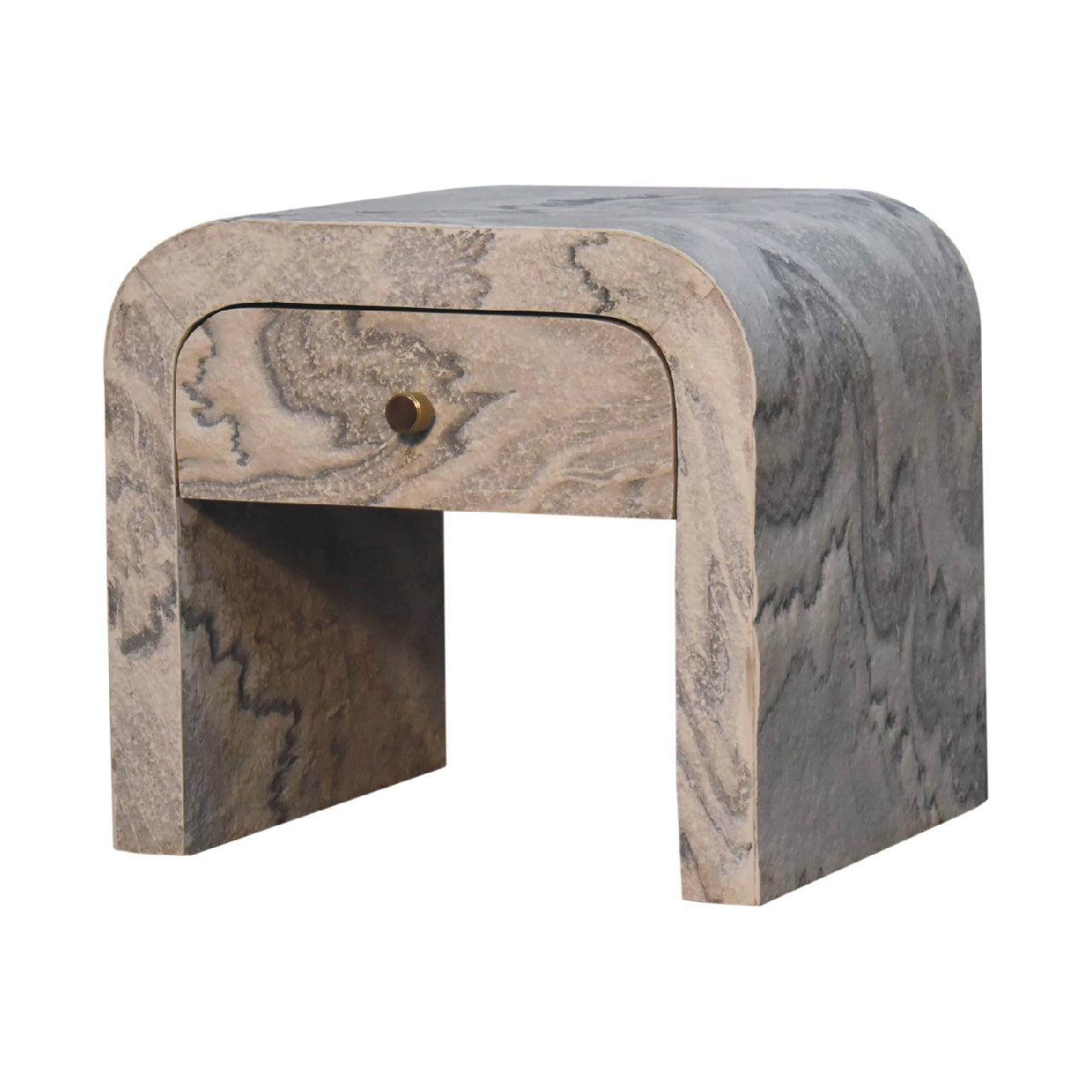 Nouveau nightstand with marble effect veneer, solid mango wood frame, and brass round knob.