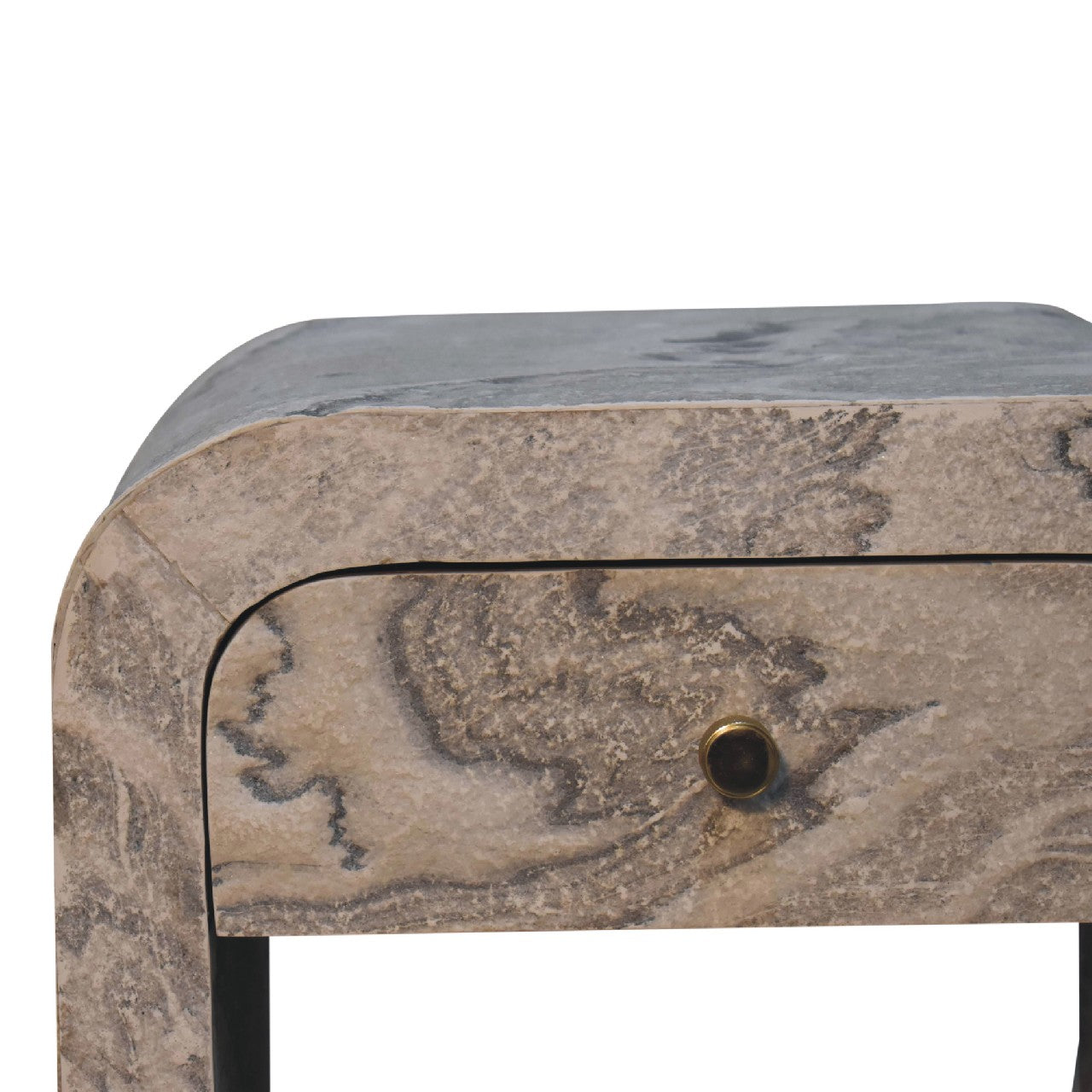 Nouveau nightstand with marble effect veneer, solid mango wood frame, and brass round knob. Corner view of the knob and drawer