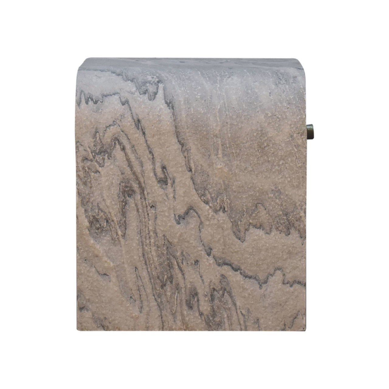 Nouveau nightstand with marble effect veneer, solid mango wood frame, and brass round knob. Side view