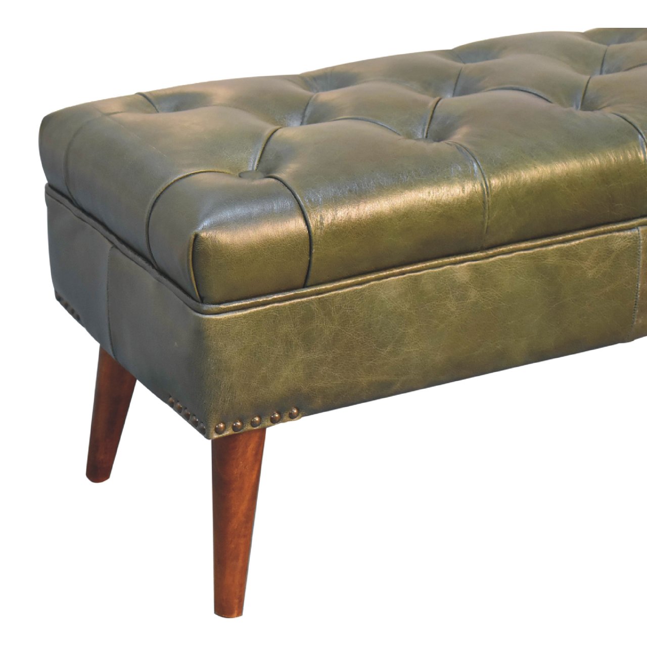 Harbour Bench with solid mango wood legs and olive buffalo leather seat with deep button design. Corner view