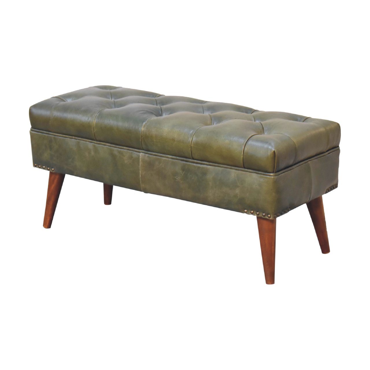 Harbour Bench with solid mango wood legs and olive buffalo leather seat with deep button design. Full view