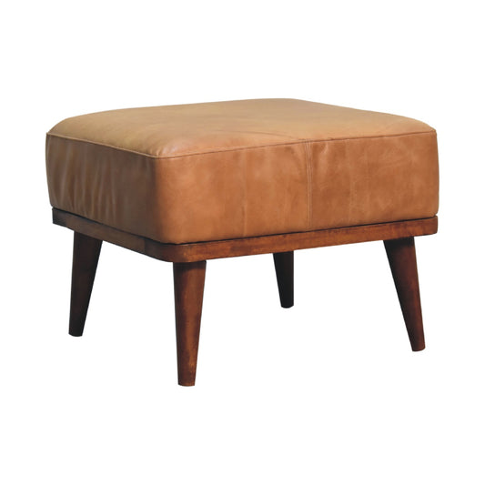 Tan Buffalo Leather Footstool with solid mango wood legs in chestnut finish.