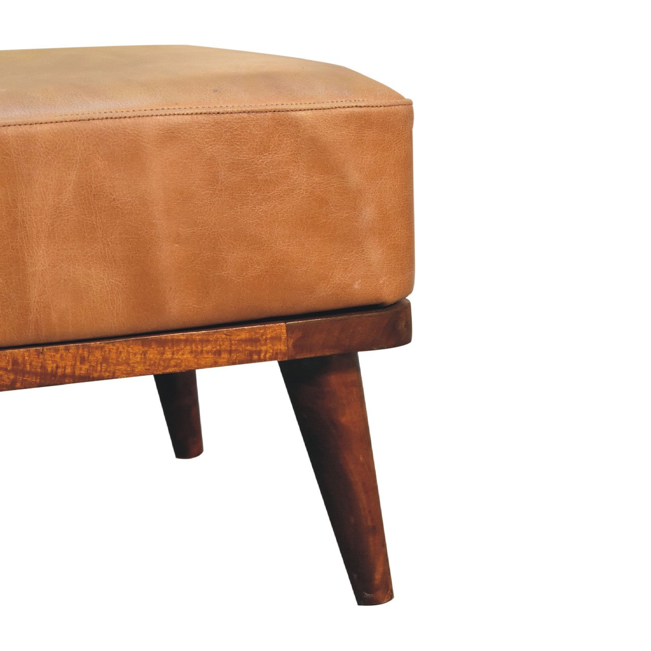 Tan Buffalo Leather Footstool with solid mango wood legs in chestnut finish. Corner base view