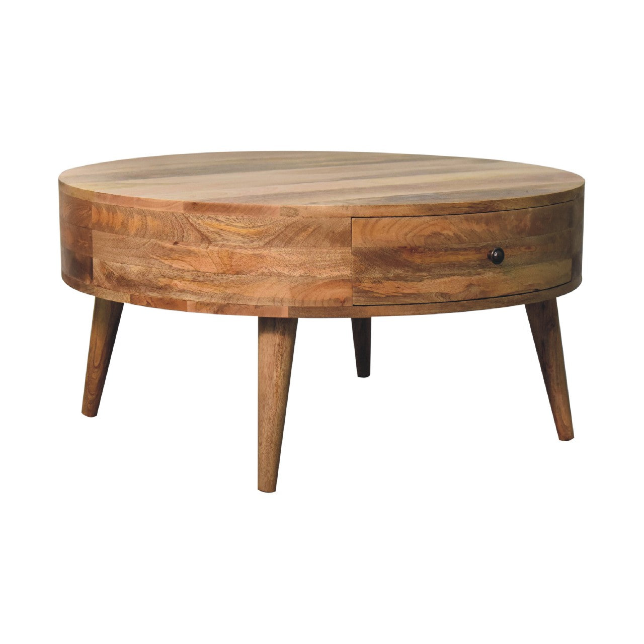 Odyssey Oak-ish Coffee Table made from solid mango wood with circular design and drawer with brass knob. Detailed view