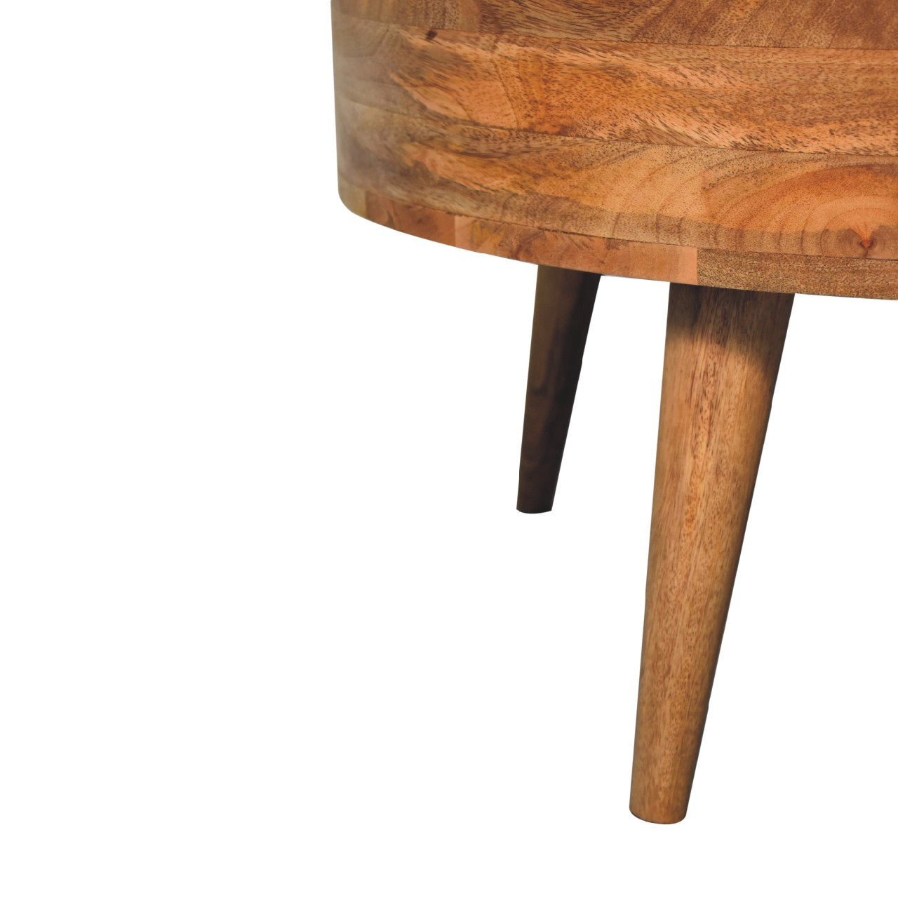Odyssey Oak-ish Coffee Table made from solid mango wood with circular design and drawer with brass knob. Leg view