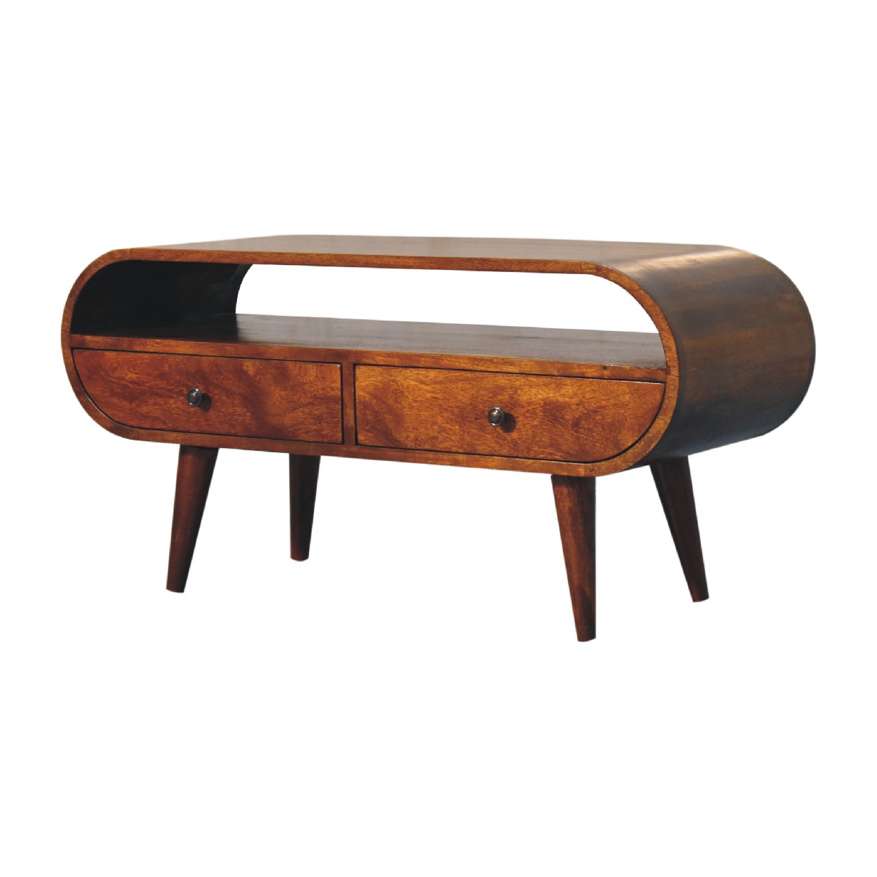 Chestnut Circular TV Stand made from solid mango wood with 2 drawers, open slot, and Nordic-style legs. Lateral view