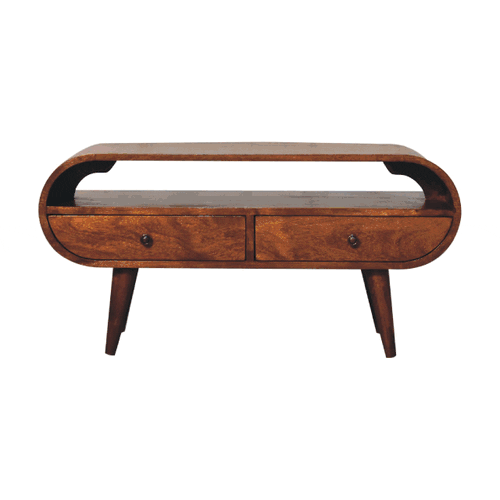 Chestnut Circular TV Stand made from solid mango wood with 2 drawers, open slot, and Nordic-style legs. 360 degree GIF