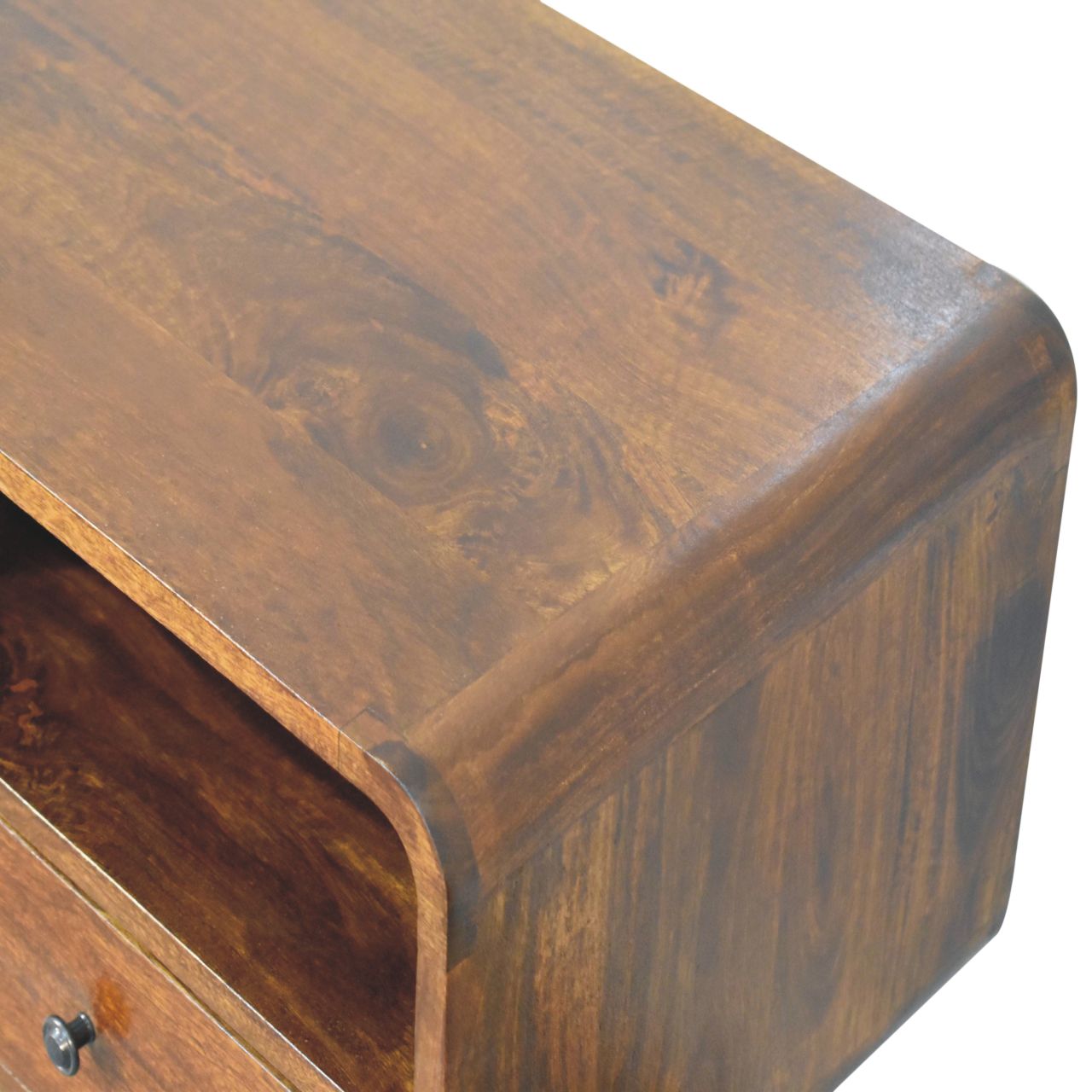 Extra Mini Curved Chestnut Bedside Table made from solid mango wood with one drawer and open lower shelf. Top view