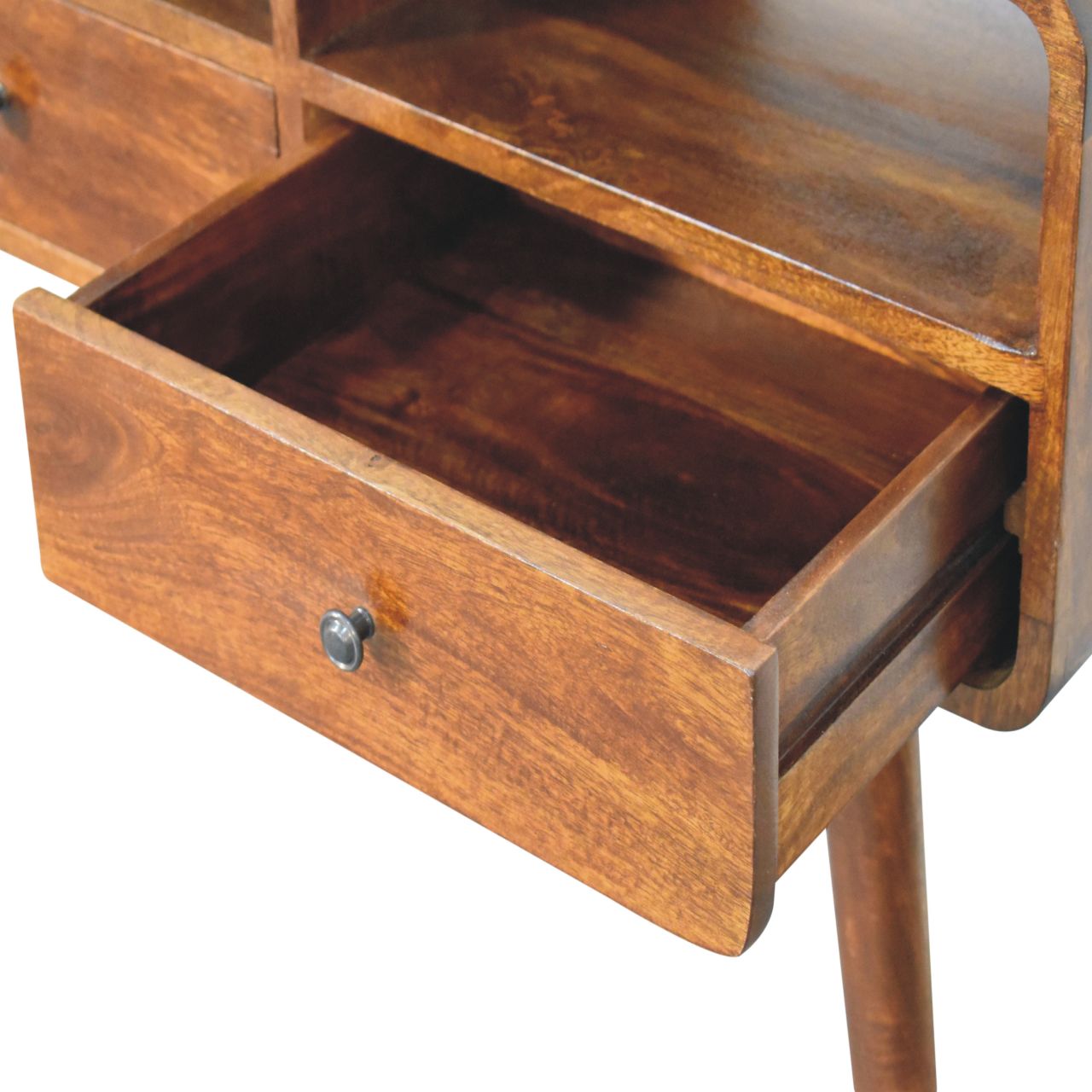 Extra Mini Curved Chestnut Bedside Table made from solid mango wood with one drawer and open lower shelf. Opened drawer view