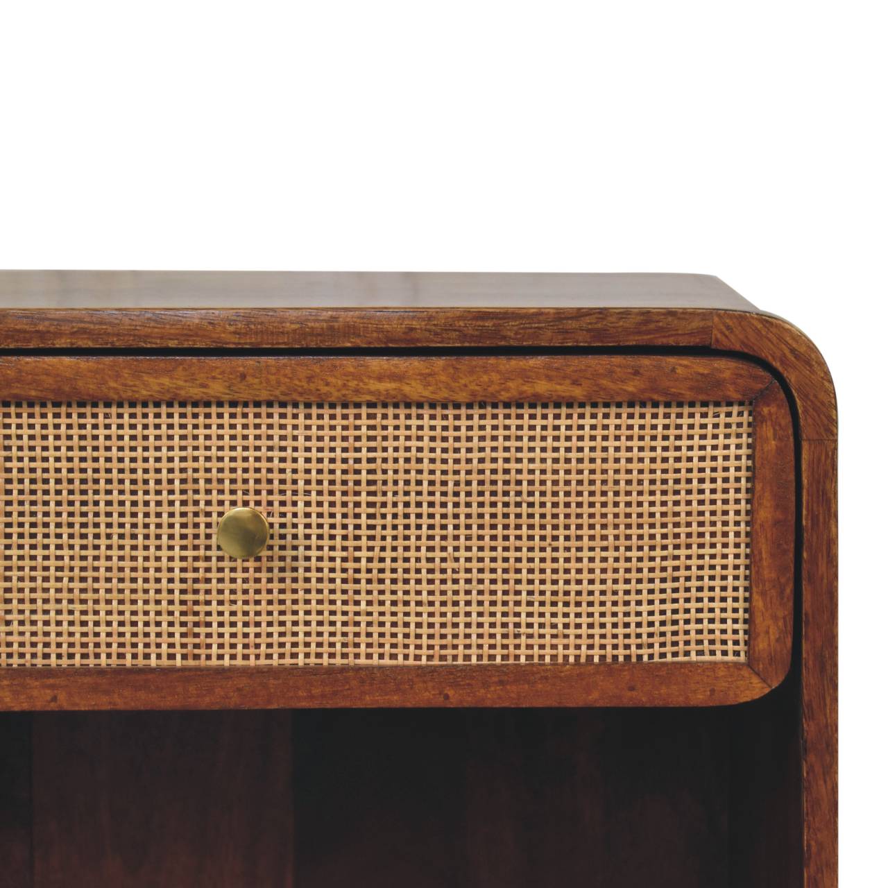 Chestnut woven chest with single drawer, shiny knob, and solid mango wood legs. Knob and drawer view 