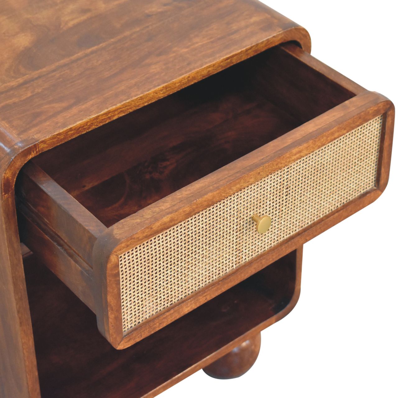 Chestnut woven chest with single drawer, shiny knob, and solid mango wood legs. Opened drawer view