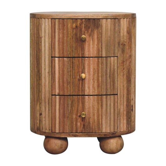 Soba Ball 3-Drawer Bedside Table made from solid mango wood with oak-ish finish and four ball feet