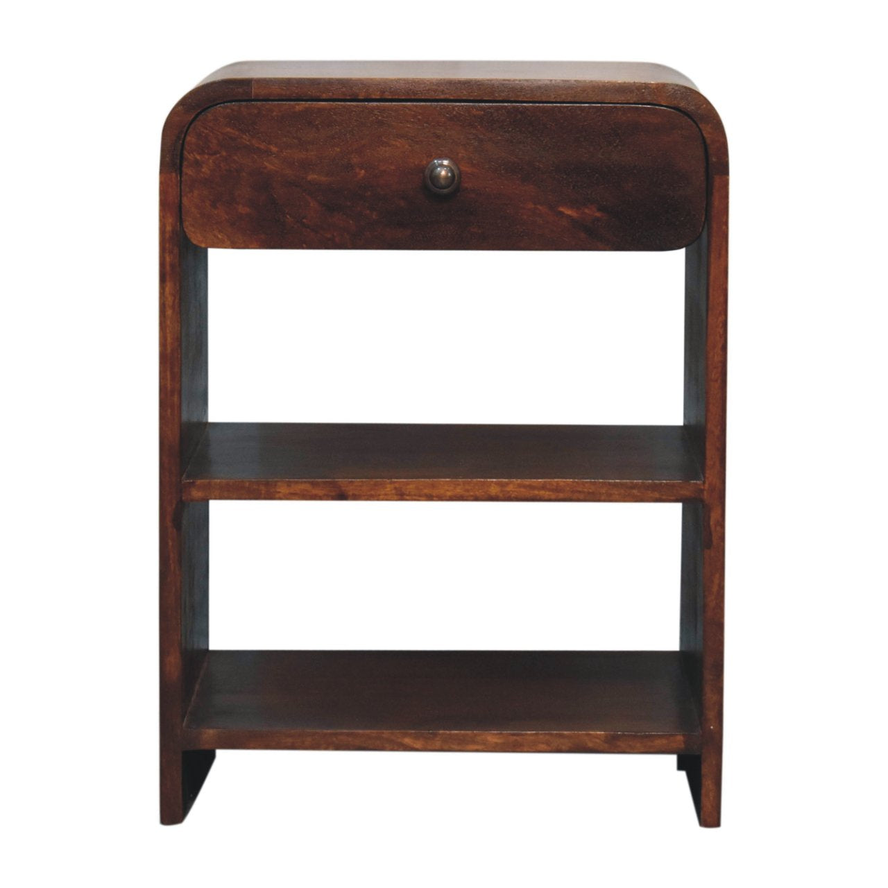 Aspen Open Bedside Table made from solid mango wood with one drawer and two open slots.