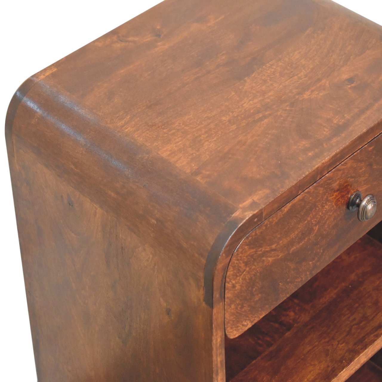 Aspen Open Bedside Table made from solid mango wood with one drawer and two open slots. Tob table view