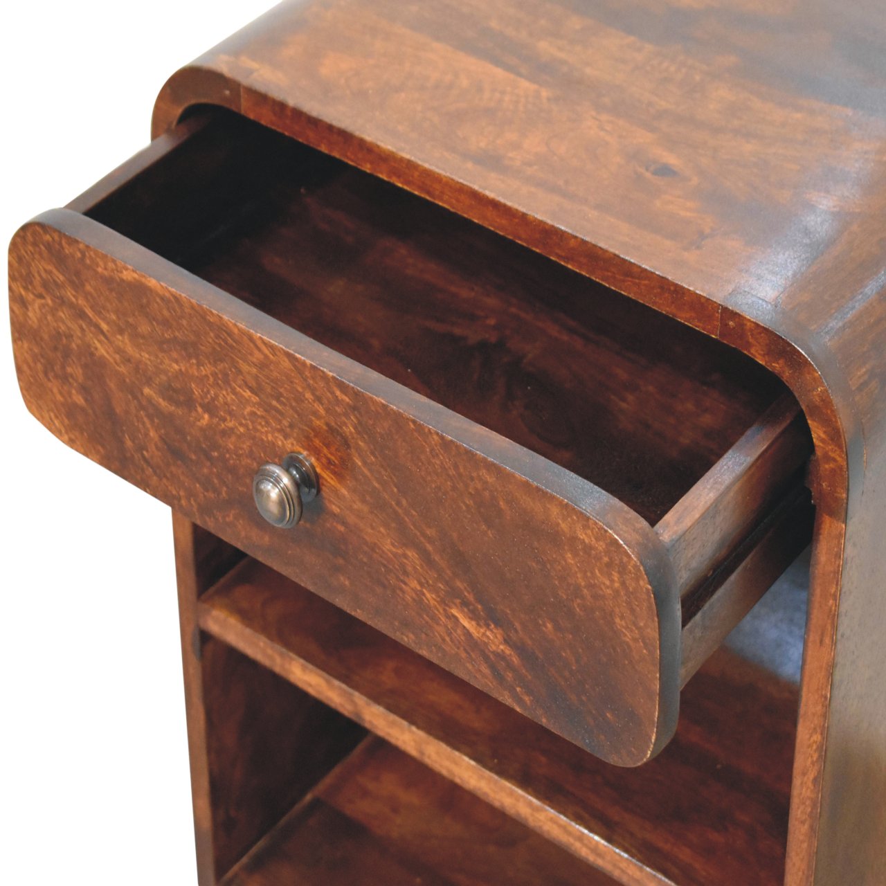 Aspen Open Bedside Table made from solid mango wood with one drawer and two open slots. Opened drawer view