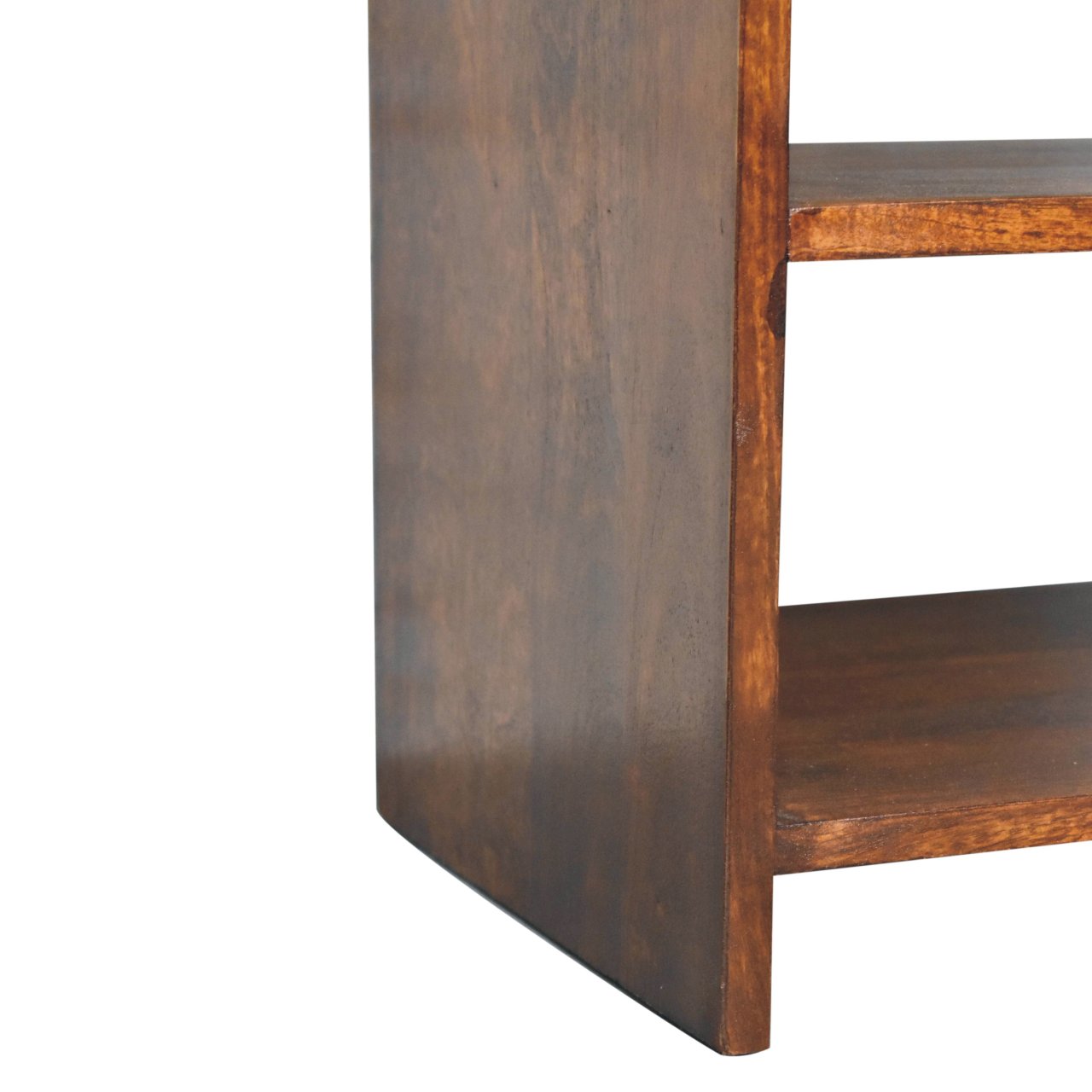 Aspen Open Bedside Table made from solid mango wood with one drawer and two open slots. Foot of table view